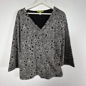 Sigrid Olsen Womens Black & White Floral Print 3/4 Sleeve V-Neck Top XL Casual